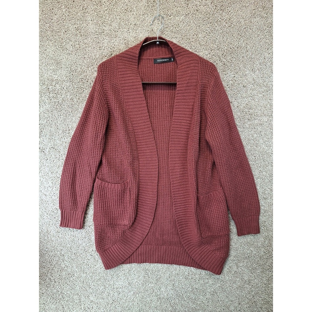Merokeety Cardigan Womens Medium Maroon Chunky Knit Textured Pockets Open Front